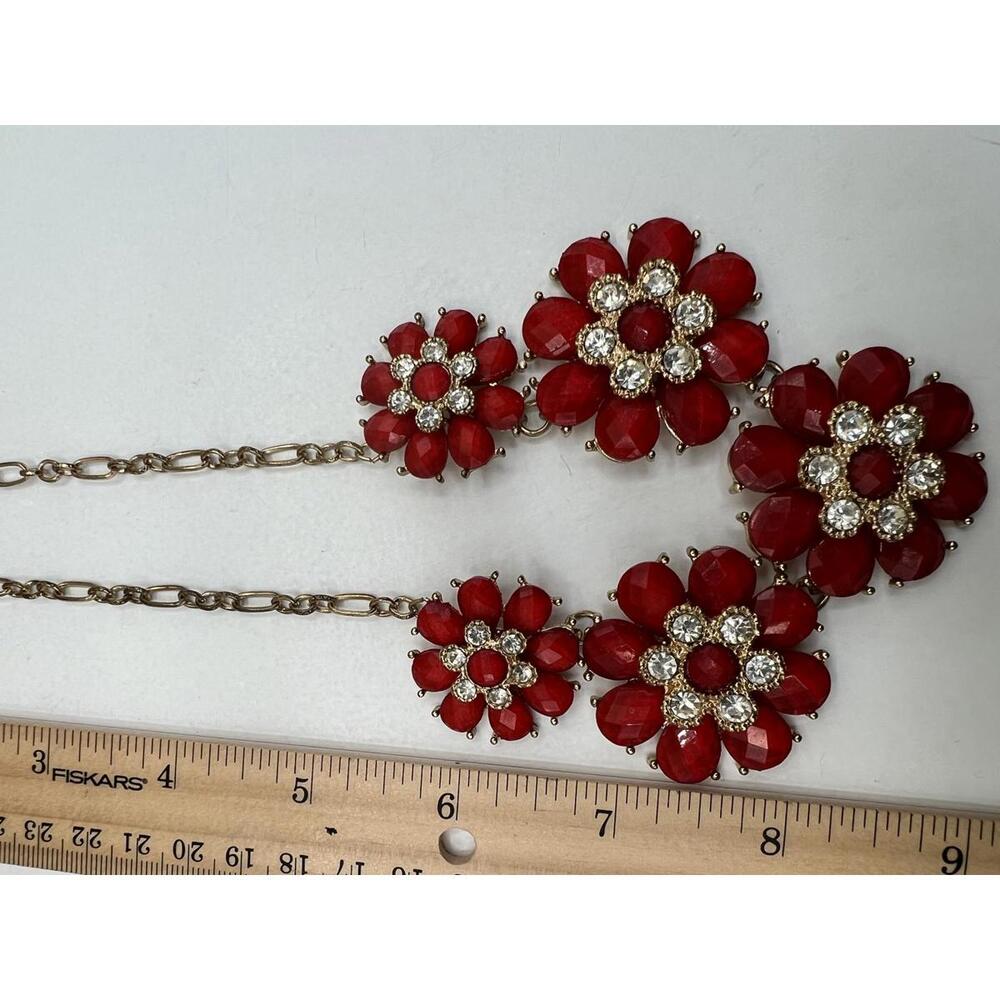 Red Floral Statement Necklace with Rhinestones - Picture 9 of 9